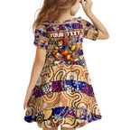 Custom Lions Rugby Merry Christmas Family Matching Off The Shoulder Long Sleeve Dress and Hawaiian Shirt Indigenous Australian Art