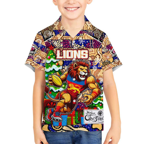 Custom Lions Rugby Merry Christmas Family Matching Off Shoulder Short Dress and Hawaiian Shirt Indigenous Australian Art