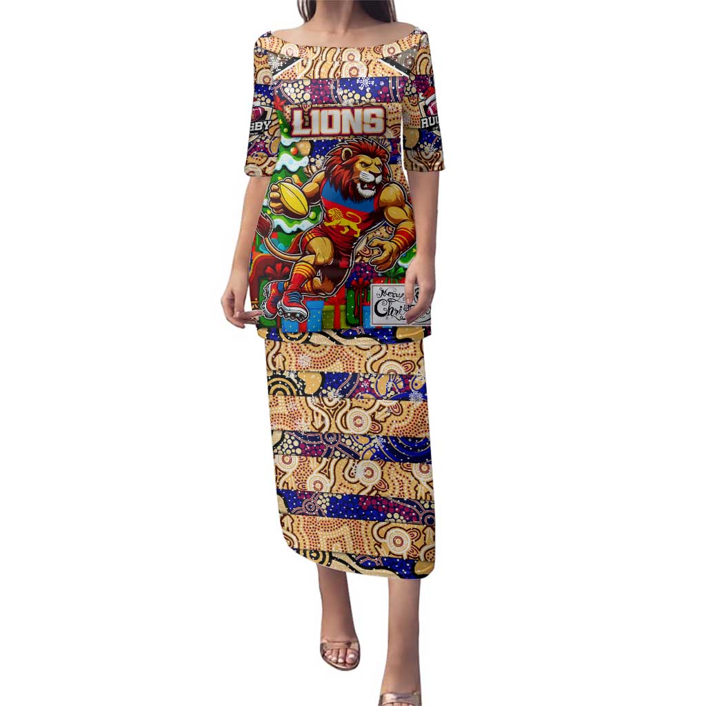 Custom Lions Rugby Merry Christmas Family Matching Puletasi and Hawaiian Shirt Indigenous Australian Art