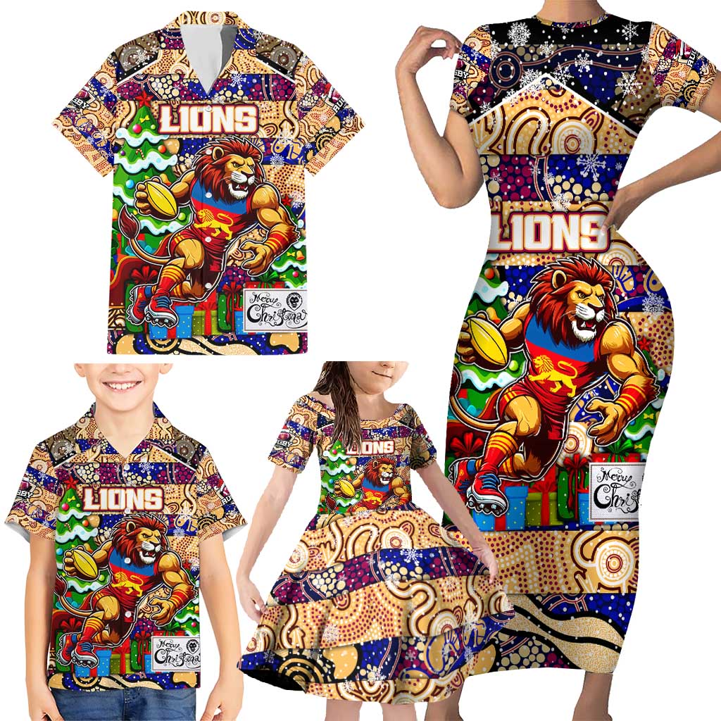 Custom Lions Rugby Merry Christmas Family Matching Short Sleeve Bodycon Dress and Hawaiian Shirt Indigenous Australian Art