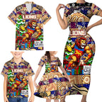 Custom Lions Rugby Merry Christmas Family Matching Short Sleeve Bodycon Dress and Hawaiian Shirt Indigenous Australian Art