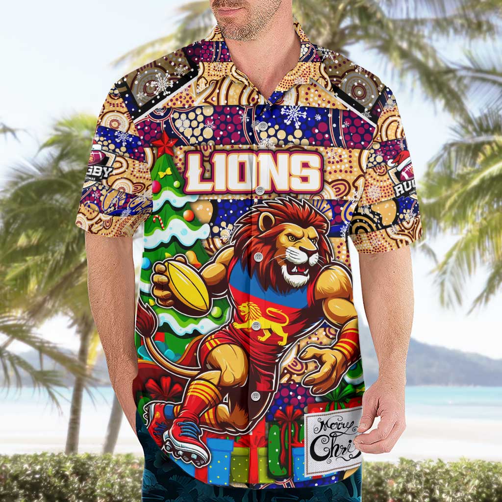 Custom Lions Rugby Merry Christmas Hawaiian Shirt Indigenous Australian Art
