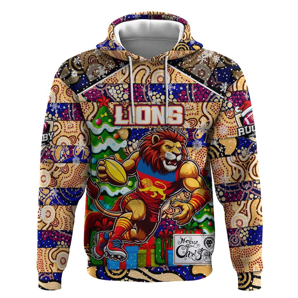 Custom Lions Rugby Merry Christmas Hoodie Indigenous Australian Art