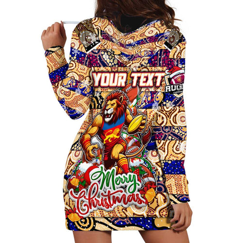 Custom Lions Rugby Merry Christmas Hoodie Dress Indigenous Australian Art