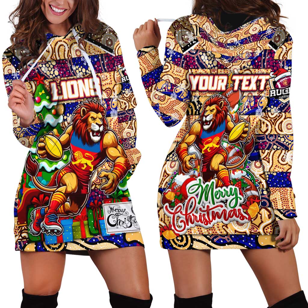 Custom Lions Rugby Merry Christmas Hoodie Dress Indigenous Australian Art