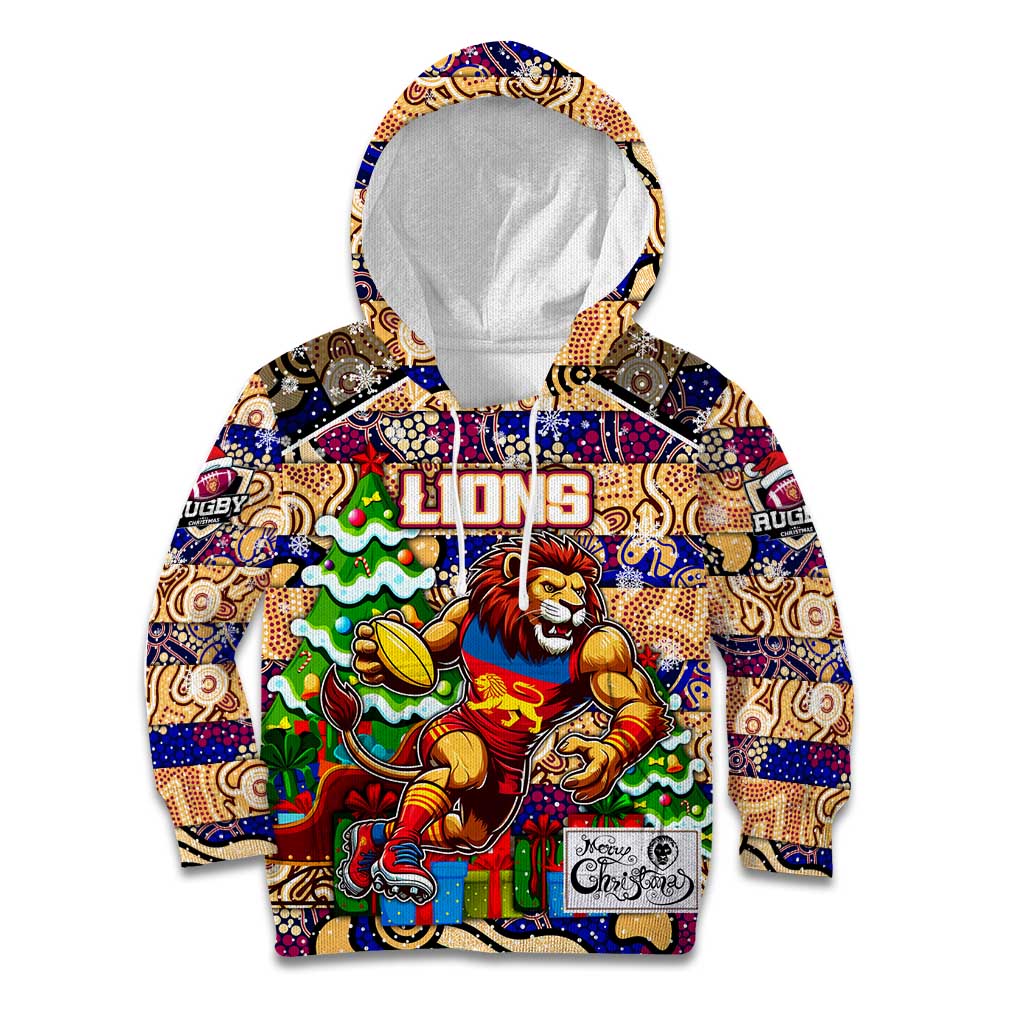 Custom Lions Rugby Merry Christmas Kid Hoodie Indigenous Australian Art