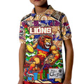 Custom Lions Rugby Merry Christmas Kid Polo Shirt Indigenous Australian Art