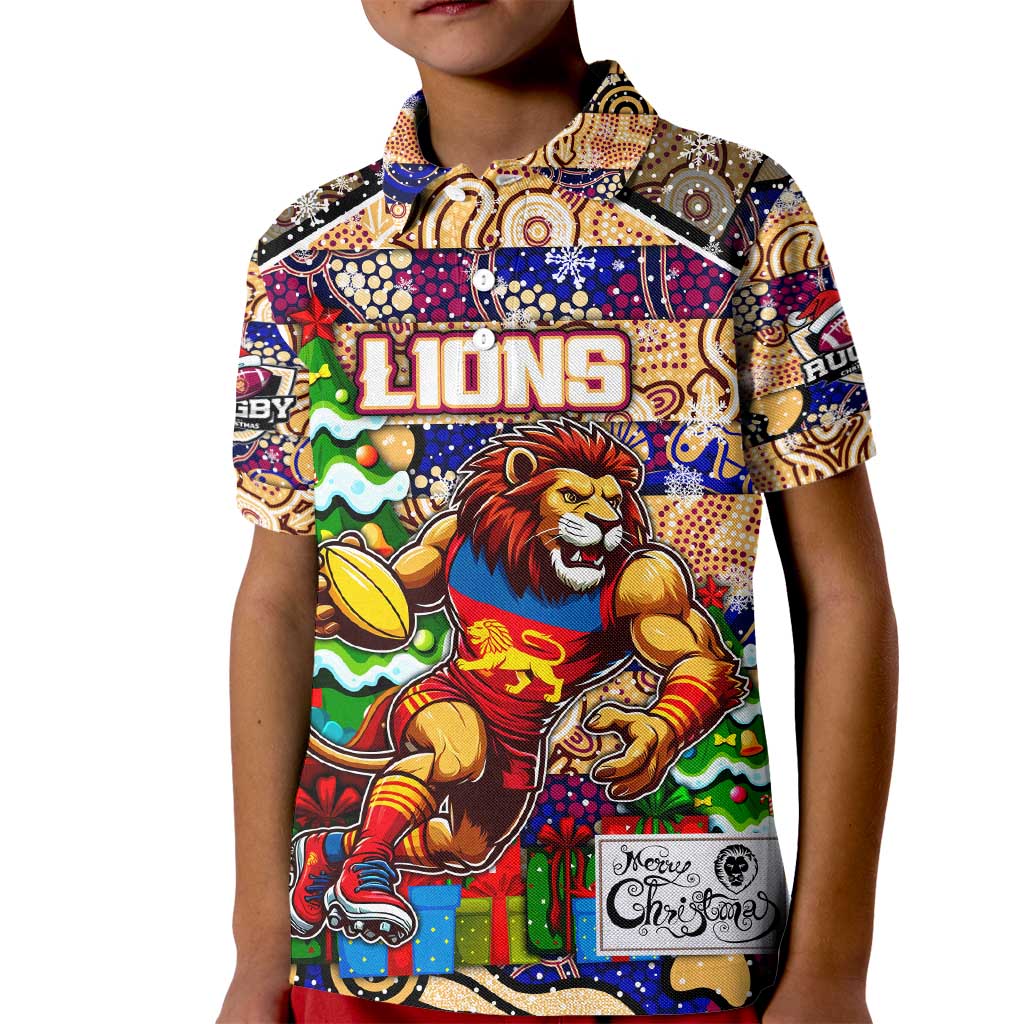 Custom Lions Rugby Merry Christmas Kid Polo Shirt Indigenous Australian Art