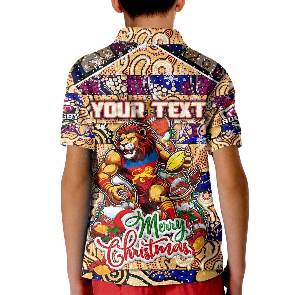 Custom Lions Rugby Merry Christmas Kid Polo Shirt Indigenous Australian Art