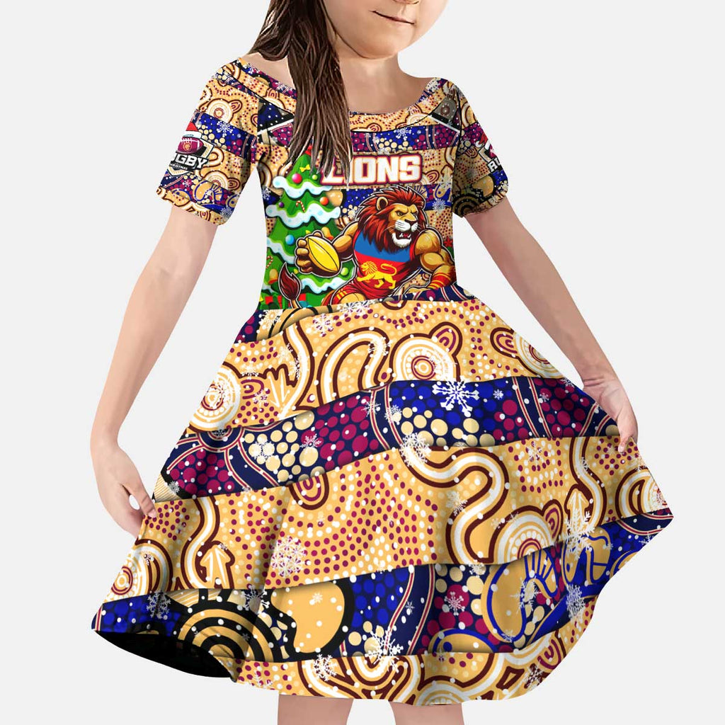 Custom Lions Rugby Merry Christmas Kid Short Sleeve Dress Indigenous Australian Art