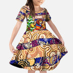 Custom Lions Rugby Merry Christmas Kid Short Sleeve Dress Indigenous Australian Art