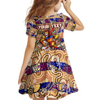 Custom Lions Rugby Merry Christmas Kid Short Sleeve Dress Indigenous Australian Art