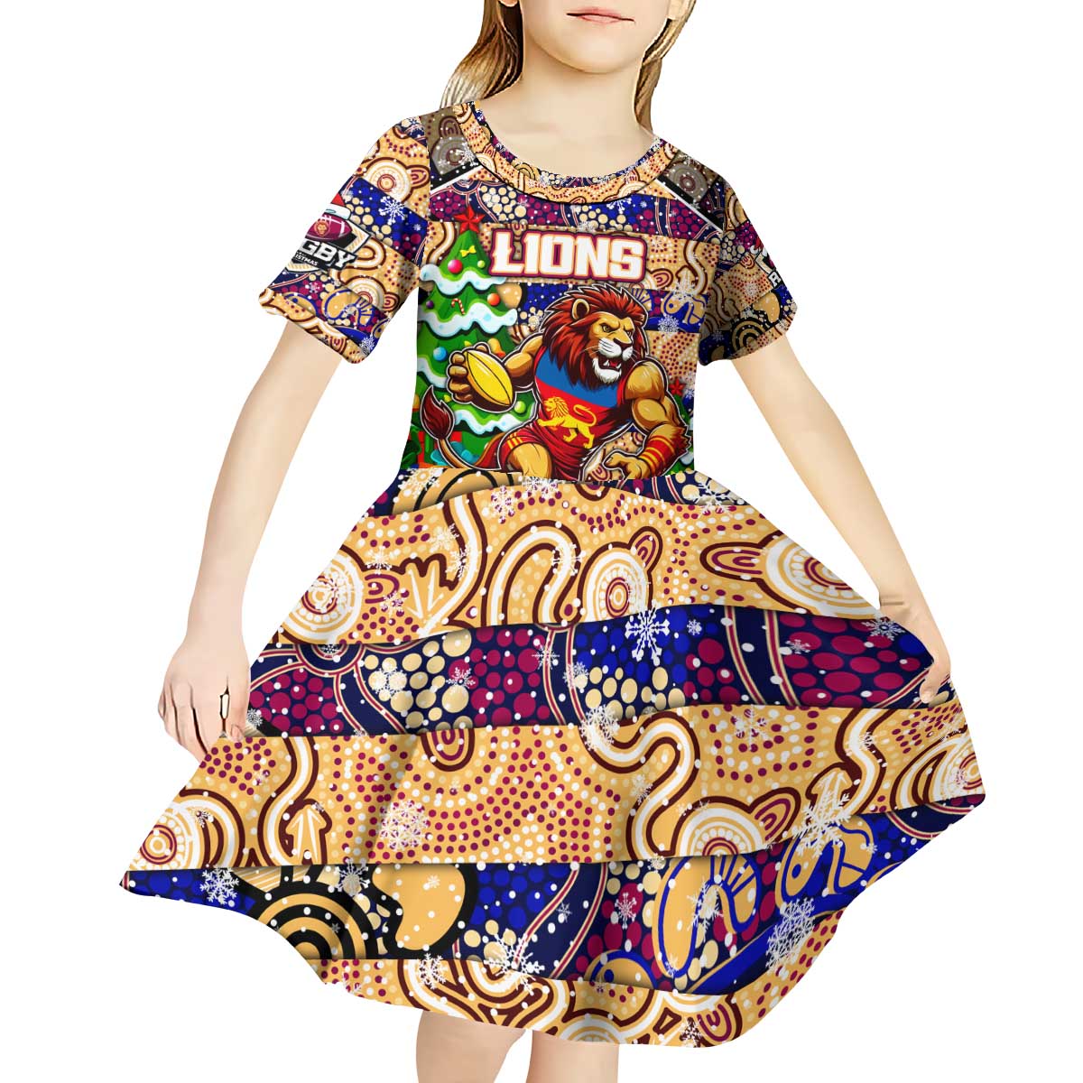 Custom Lions Rugby Merry Christmas Kid Short Sleeve Dress Indigenous Australian Art