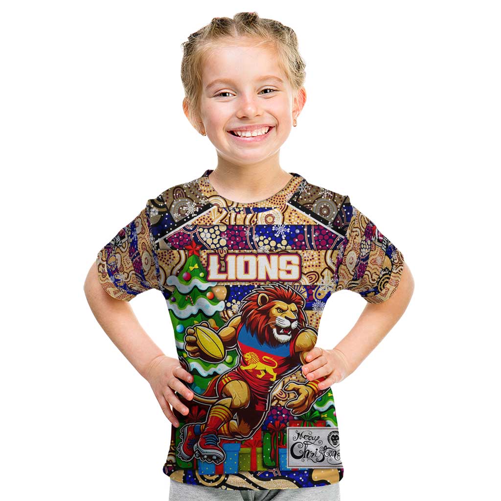 Custom Lions Rugby Merry Christmas Kid T Shirt Indigenous Australian Art