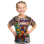 Custom Lions Rugby Merry Christmas Kid T Shirt Indigenous Australian Art
