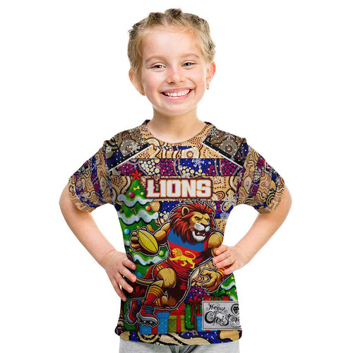 Custom Lions Rugby Merry Christmas Kid T Shirt Indigenous Australian Art