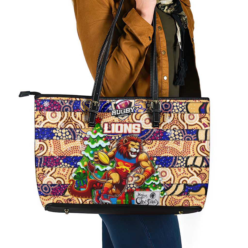 Lions Football Merry Christmas Leather Tote Bag Indigenous Australian Art