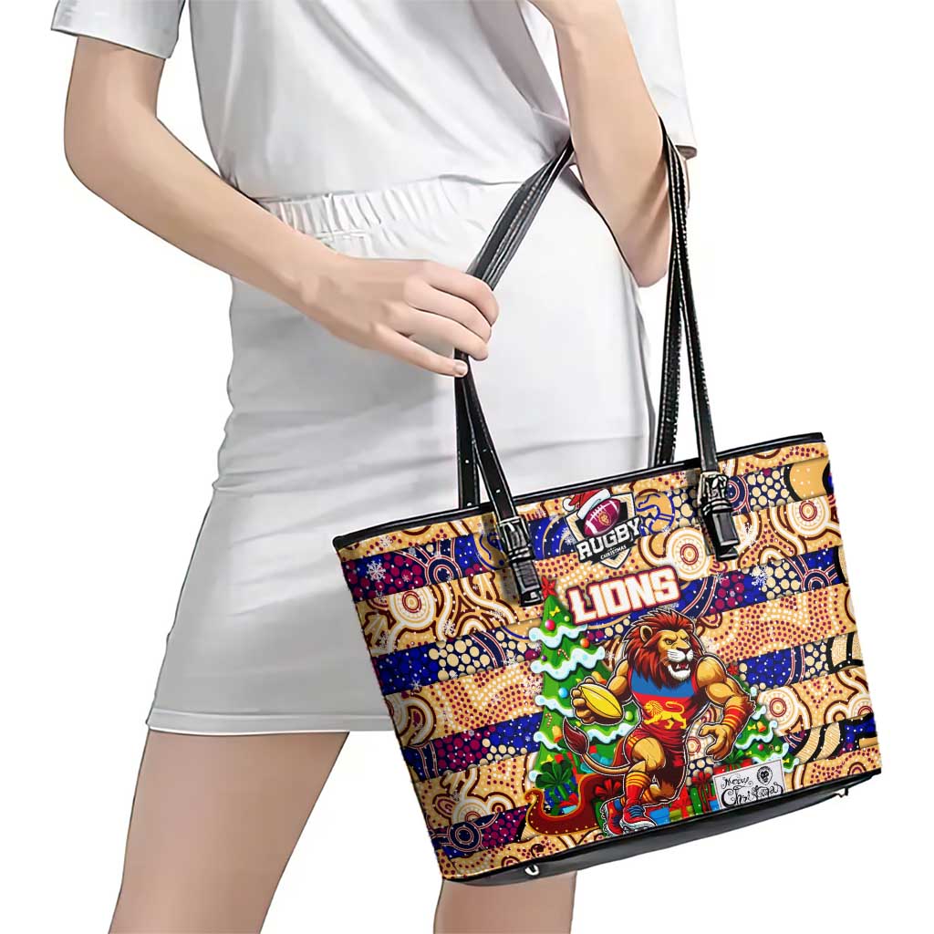 Lions Football Merry Christmas Leather Tote Bag Indigenous Australian Art