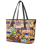 Lions Football Merry Christmas Leather Tote Bag Indigenous Australian Art