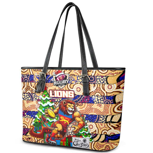 Lions Football Merry Christmas Leather Tote Bag Indigenous Australian Art