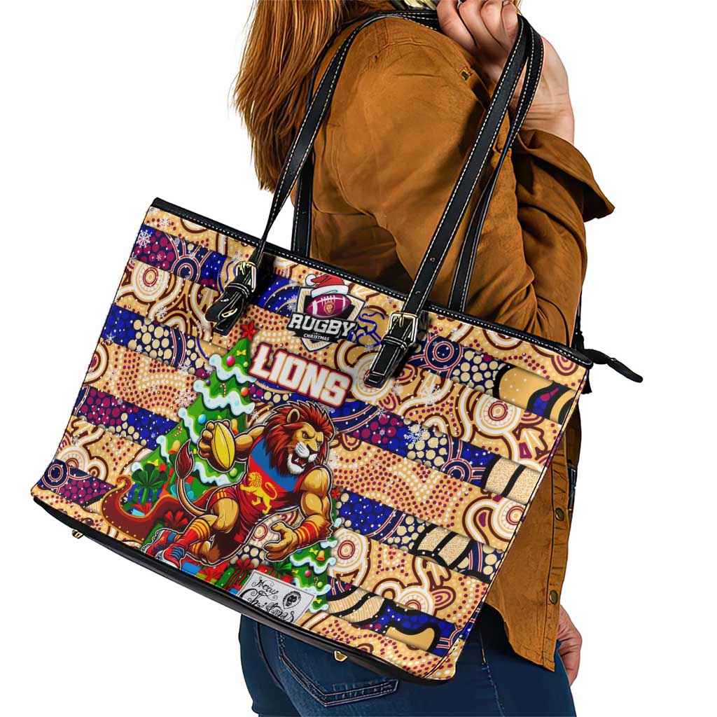 Lions Football Merry Christmas Leather Tote Bag Indigenous Australian Art