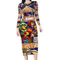 Custom Lions Rugby Merry Christmas Long Sleeve Bodycon Dress Indigenous Australian Art