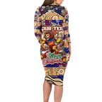 Custom Lions Rugby Merry Christmas Long Sleeve Bodycon Dress Indigenous Australian Art