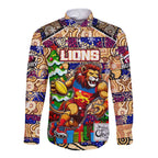 Custom Lions Rugby Merry Christmas Long Sleeve Button Shirt Indigenous Australian Art