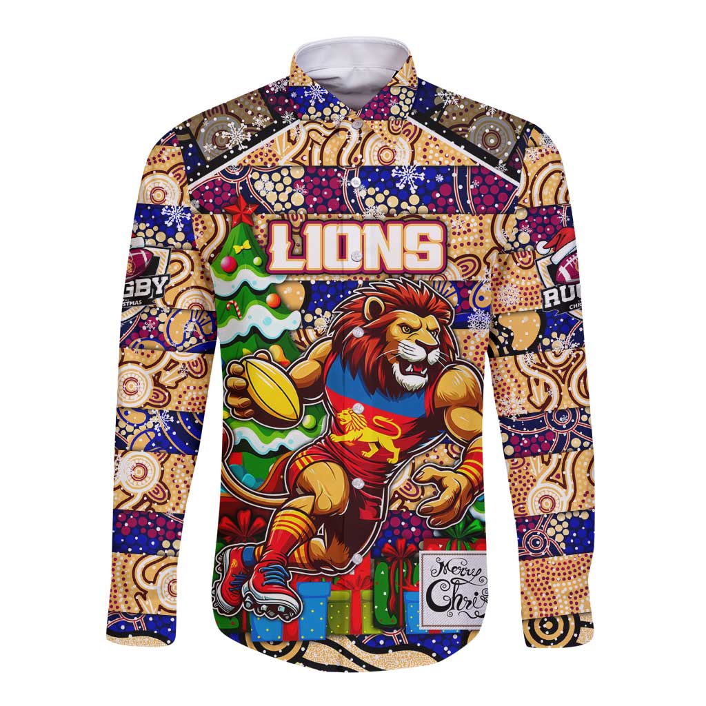 Custom Lions Rugby Merry Christmas Long Sleeve Button Shirt Indigenous Australian Art