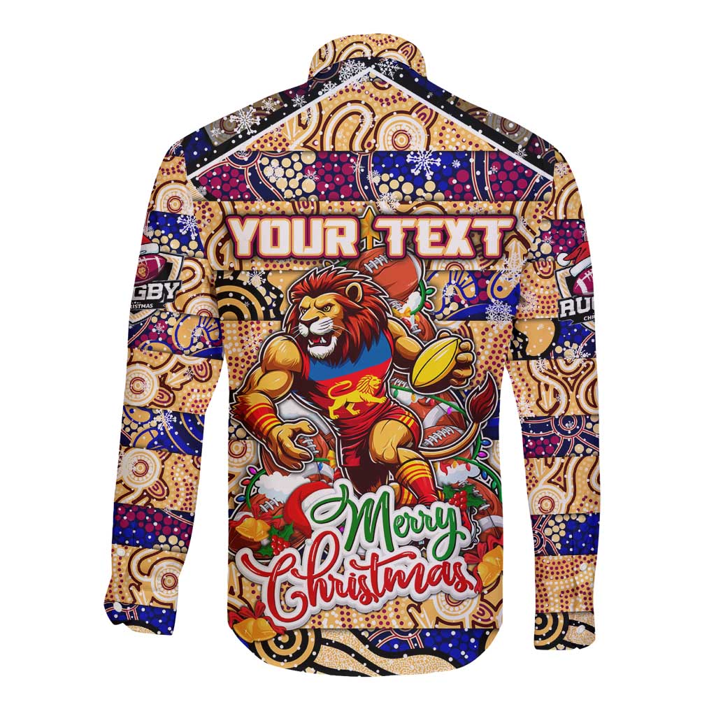 Custom Lions Rugby Merry Christmas Long Sleeve Button Shirt Indigenous Australian Art
