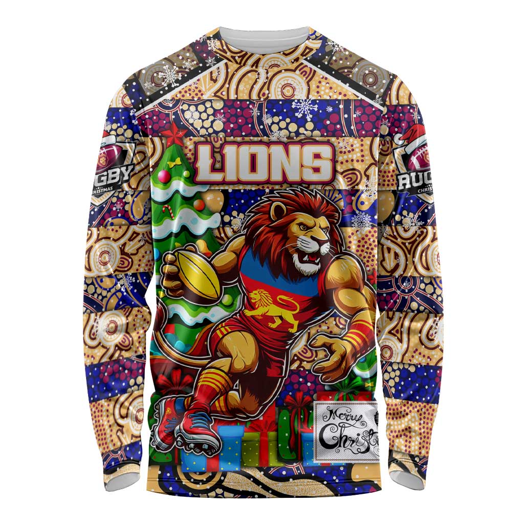 Custom Lions Rugby Merry Christmas Long Sleeve Shirt Indigenous Australian Art