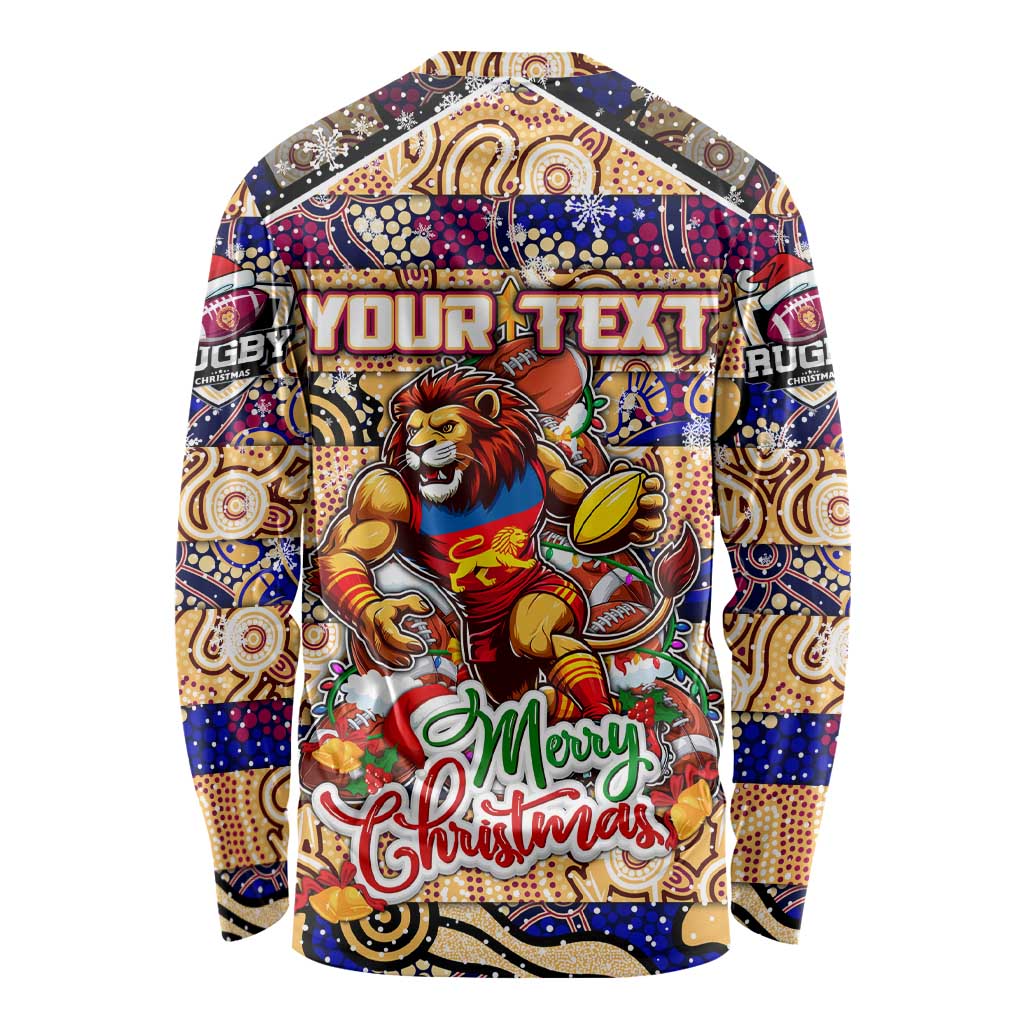 Custom Lions Rugby Merry Christmas Long Sleeve Shirt Indigenous Australian Art