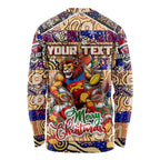 Custom Lions Rugby Merry Christmas Long Sleeve Shirt Indigenous Australian Art
