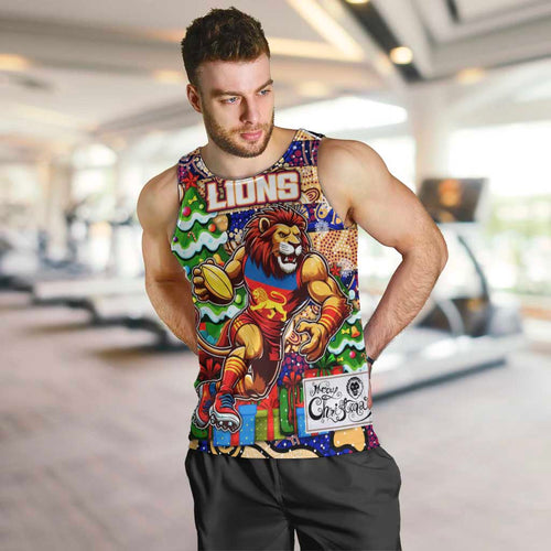 Custom Lions Rugby Merry Christmas Men Tank Top Indigenous Australian Art