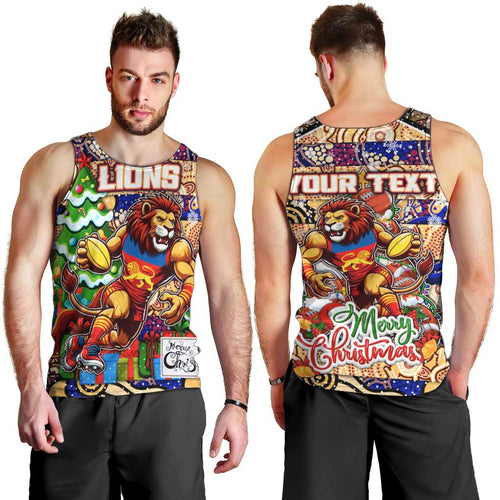 Custom Lions Rugby Merry Christmas Men Tank Top Indigenous Australian Art