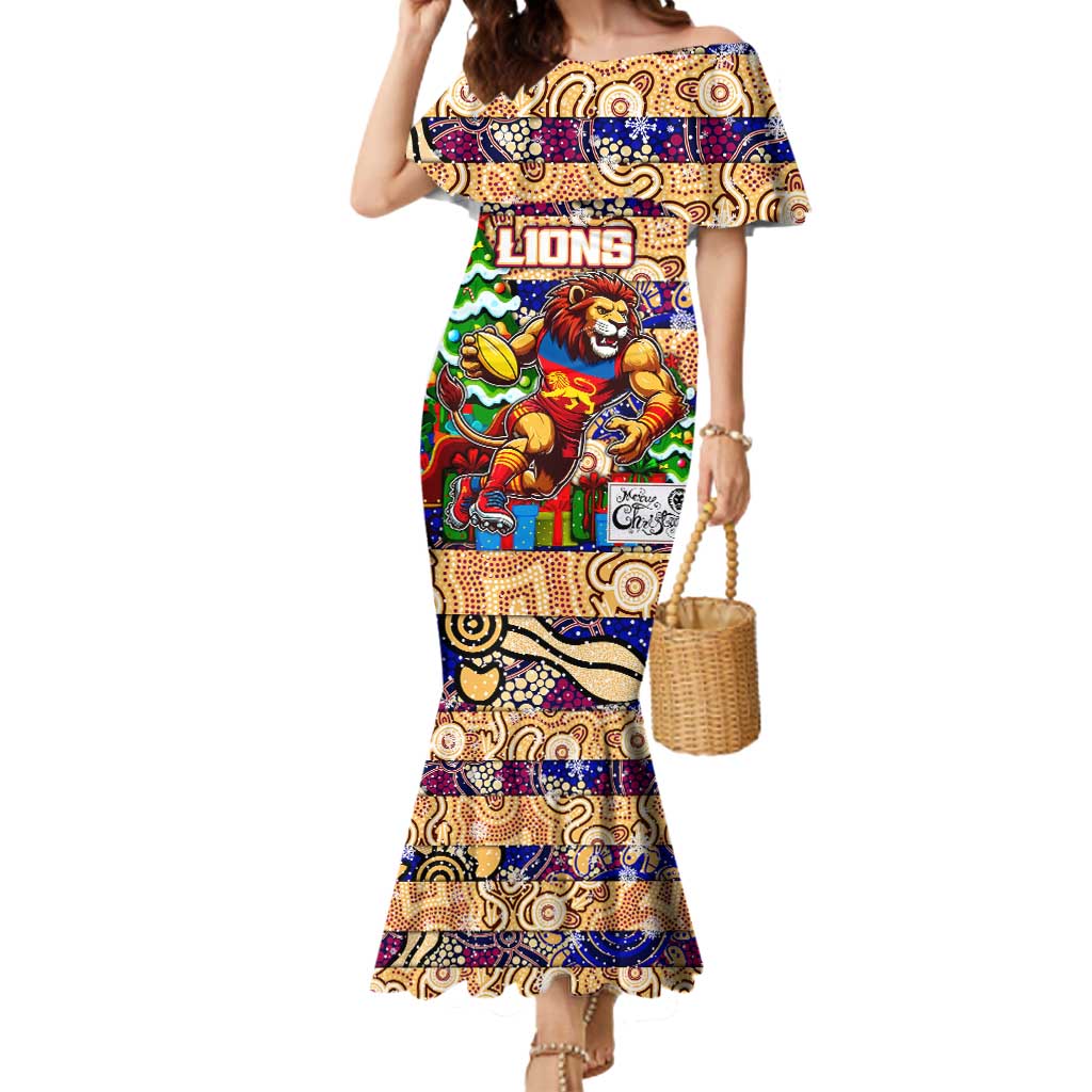 Custom Lions Rugby Merry Christmas Mermaid Dress Indigenous Australian Art