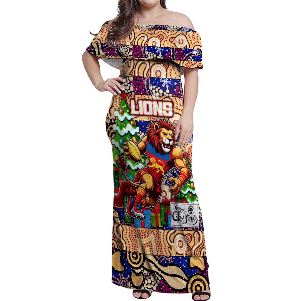Custom Lions Rugby Merry Christmas Off Shoulder Maxi Dress Indigenous Australian Art