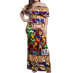 Custom Lions Rugby Merry Christmas Off Shoulder Maxi Dress Indigenous Australian Art