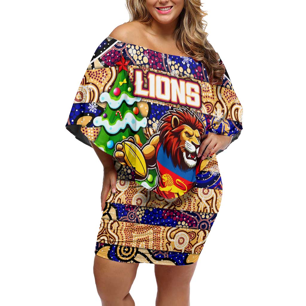 Custom Lions Rugby Merry Christmas Off Shoulder Short Dress Indigenous Australian Art