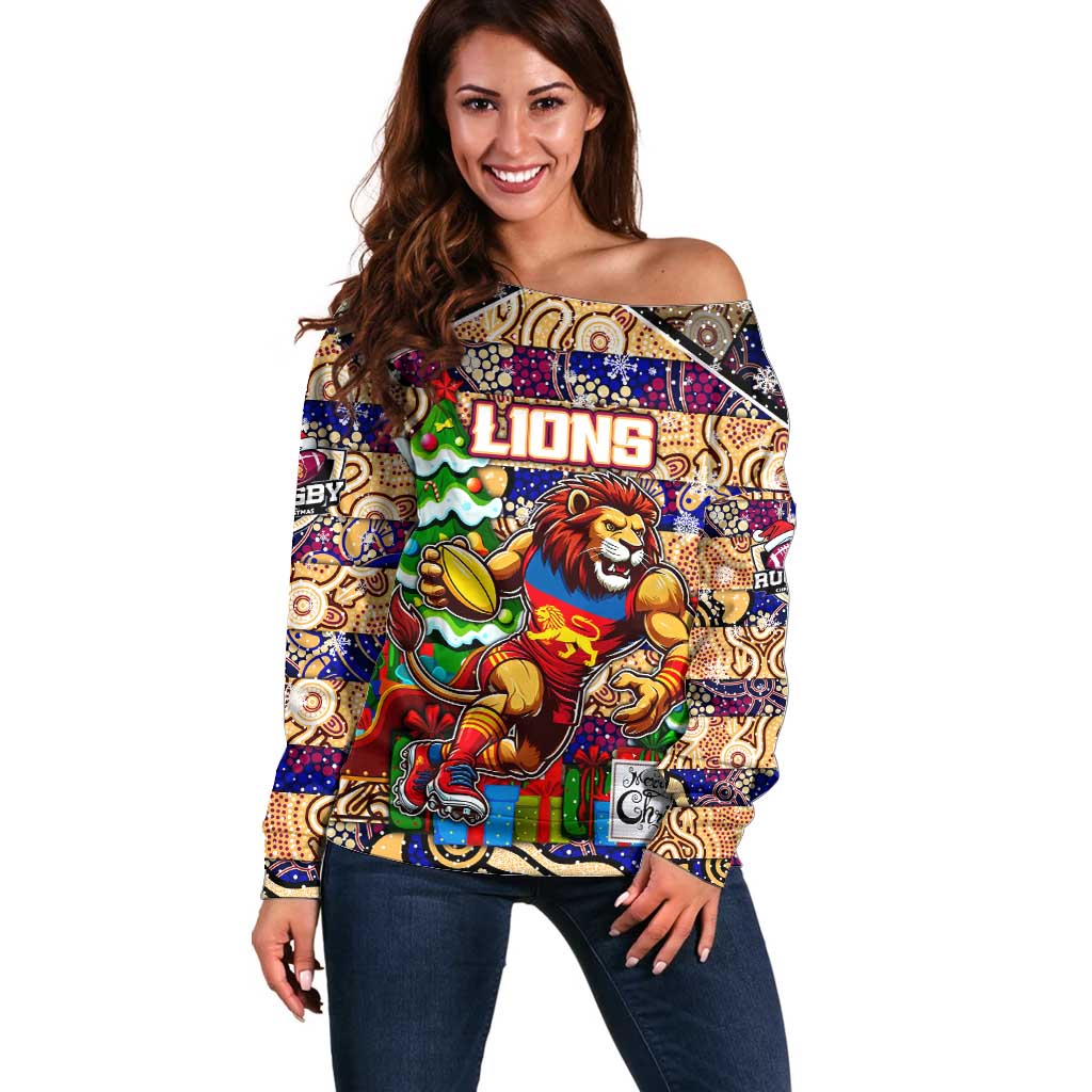 Custom Lions Rugby Merry Christmas Off Shoulder Sweater Indigenous Australian Art