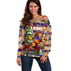 Custom Lions Rugby Merry Christmas Off Shoulder Sweater Indigenous Australian Art