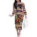 Custom Lions Rugby Merry Christmas Off The Shoulder Long Sleeve Dress Indigenous Australian Art
