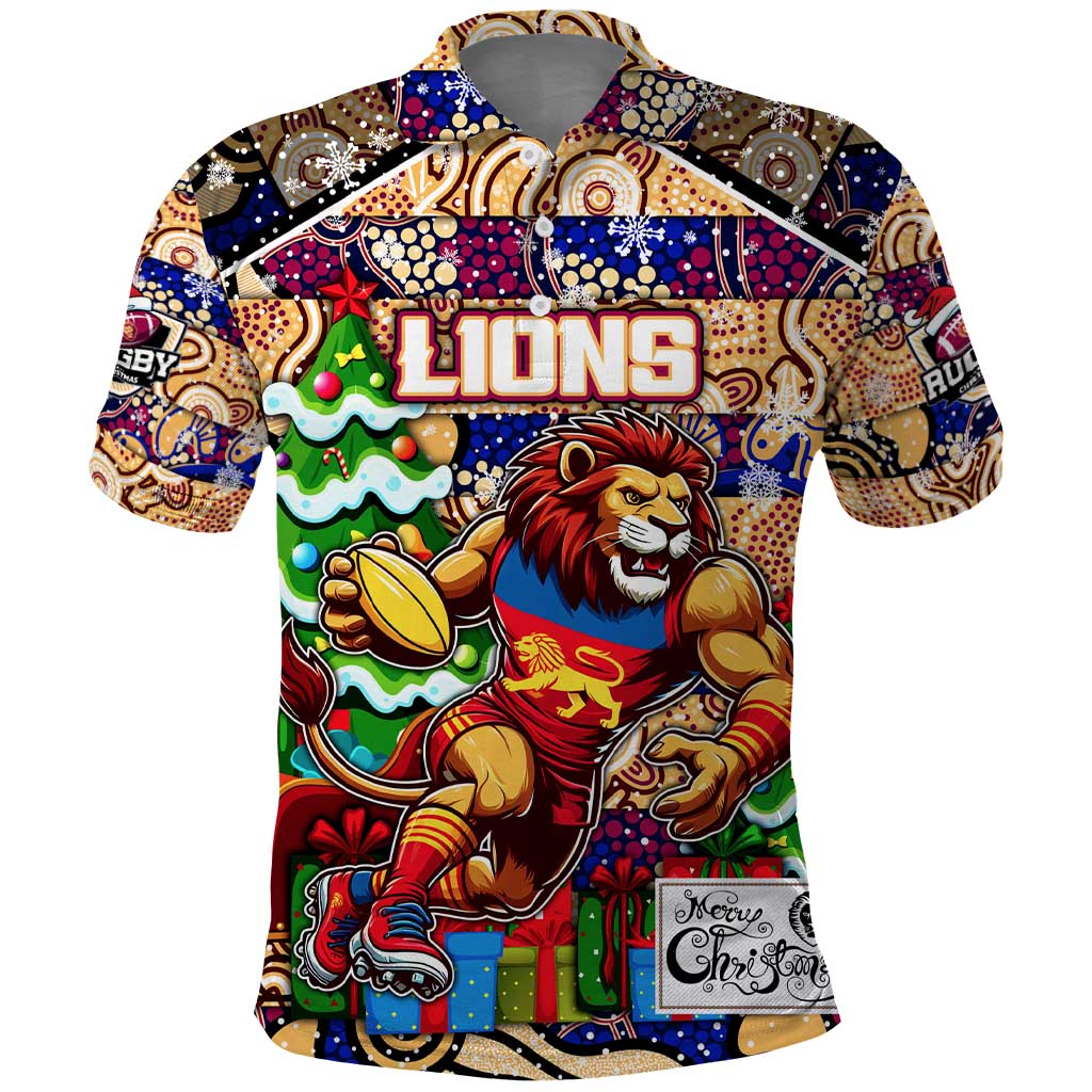 Custom Lions Rugby Merry Christmas Polo Shirt Indigenous Australian Art