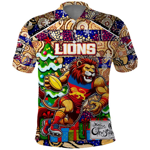 Custom Lions Rugby Merry Christmas Polo Shirt Indigenous Australian Art