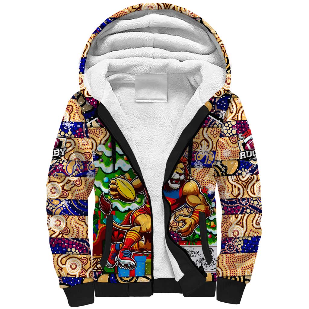 Custom Lions Rugby Merry Christmas Sherpa Hoodie Indigenous Australian Art