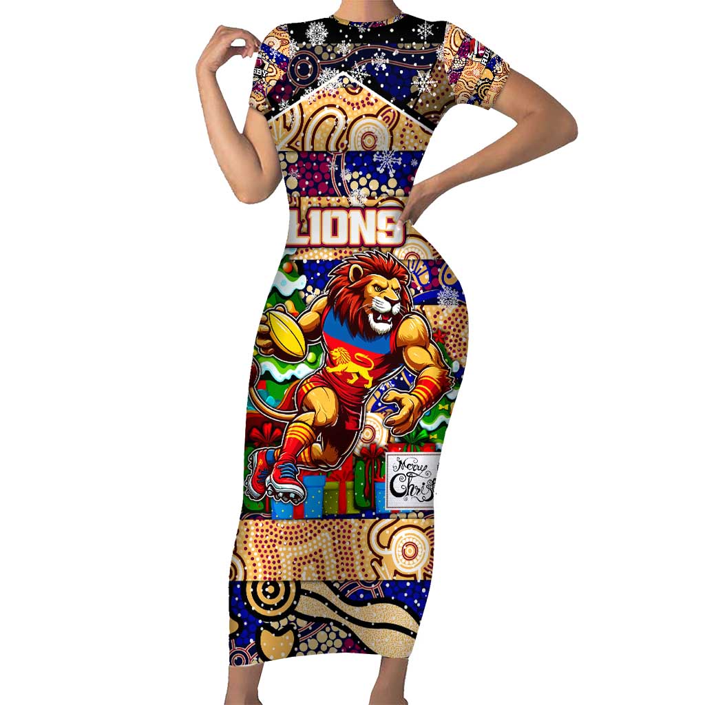 Custom Lions Rugby Merry Christmas Short Sleeve Bodycon Dress Indigenous Australian Art
