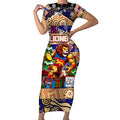 Custom Lions Rugby Merry Christmas Short Sleeve Bodycon Dress Indigenous Australian Art