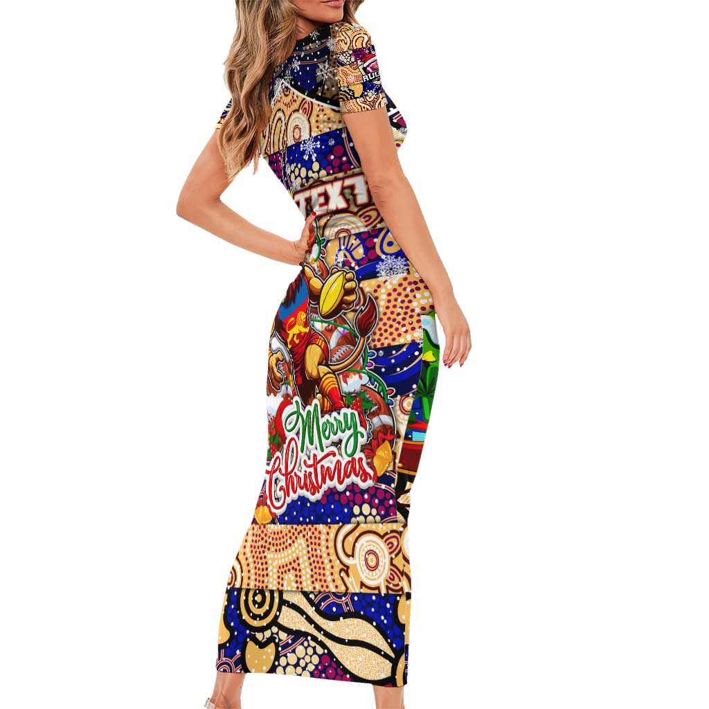 Custom Lions Rugby Merry Christmas Short Sleeve Bodycon Dress Indigenous Australian Art