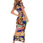 Custom Lions Rugby Merry Christmas Short Sleeve Bodycon Dress Indigenous Australian Art