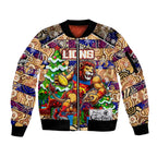 Custom Lions Rugby Merry Christmas Sleeve Zip Bomber Jacket Indigenous Australian Art